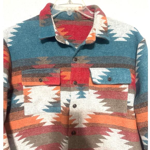 Southwest Aztec Barn Chore Blanket Jacket Women Sz L Western Red Teal Fall Boho - Picture 5 of 9